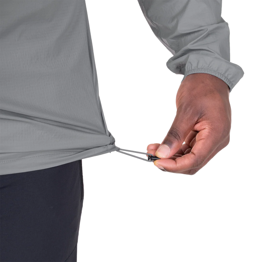 Mountain Equipment Aerofoil Hooded Men's Jacket in Tufa - packed into chest pocket showing twin karabiner carry loops