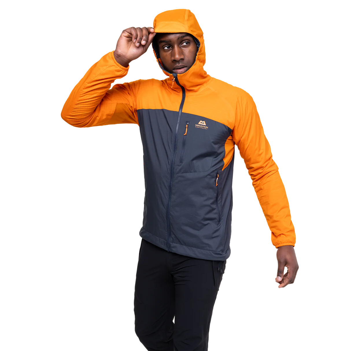 Mountain Equipment Aerotherm Men's Jacket in Blue Nights/Ember - side view showing active fit and dual tether hem drawcords