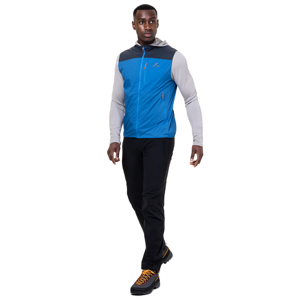 Mountain Equipment Aerotherm Men's Vest in Atlantic/Blue Nights - back view showing active fit and semi-elasticated hem