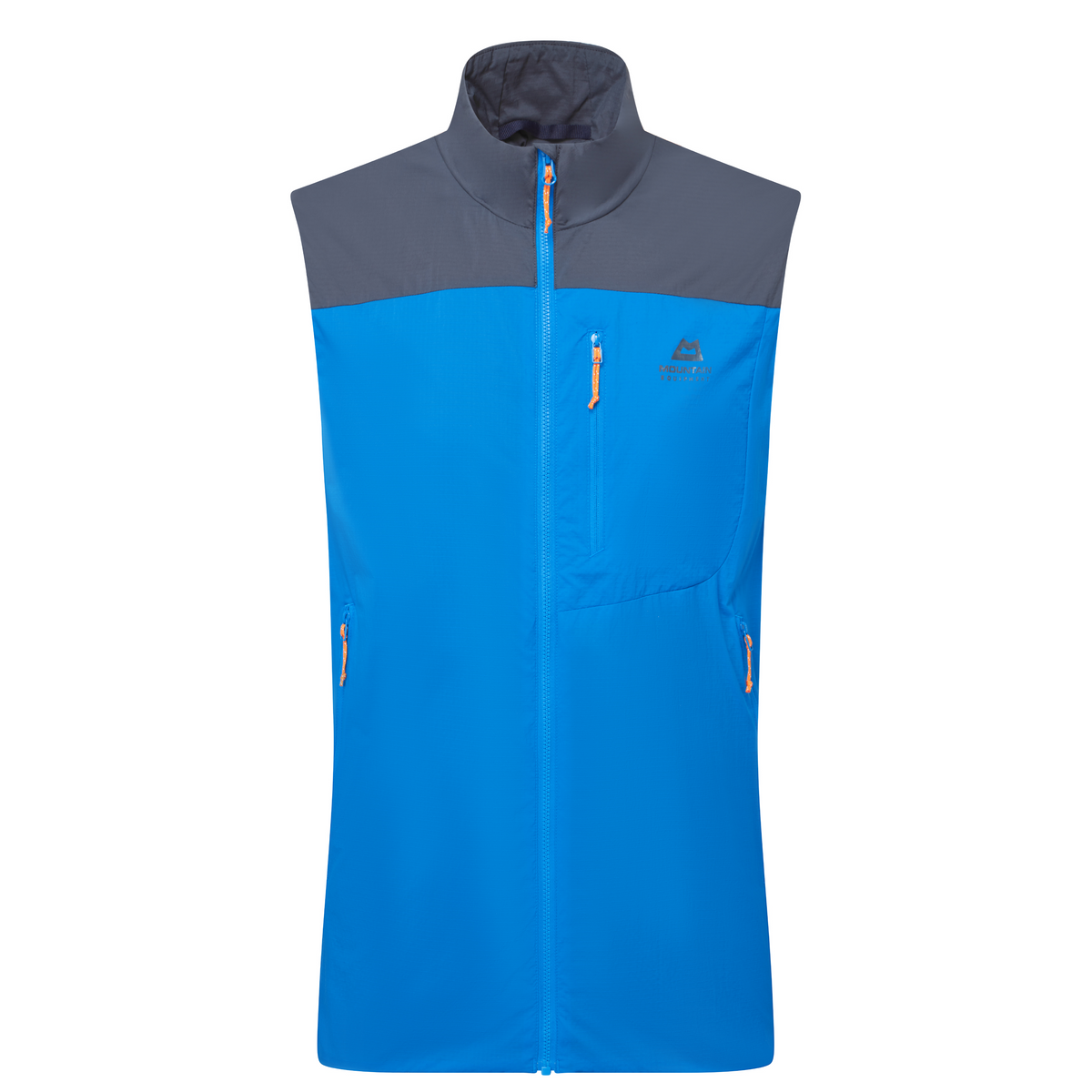 Mountain Equipment Aerotherm Men's Vest in Atlantic/Blue Nights - front view showing EXOLITE 45 softshell fabric and active fit