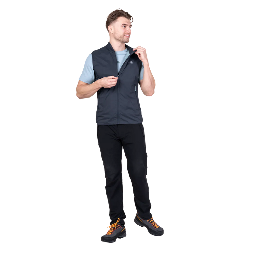 Mountain Equipment Aerotherm Men's Vest in Blue Nights - side view showing active fit and semi-elasticated armhole