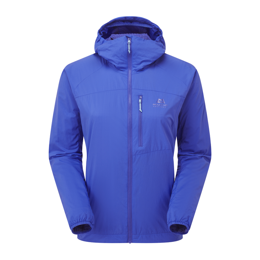 Mountain Equipment Aerotherm Women's Jacket in Vivid Blue - front view showing EXOLITE 45 softshell fabric and active fit