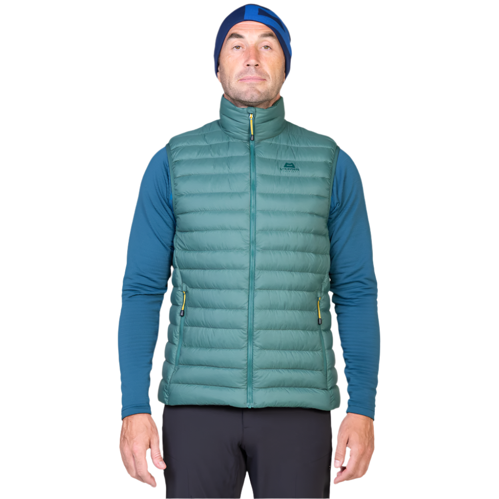 Mountain Equipment Earthrise Men's Vest in Fern - front view showing fit and stitch-through baffle construction