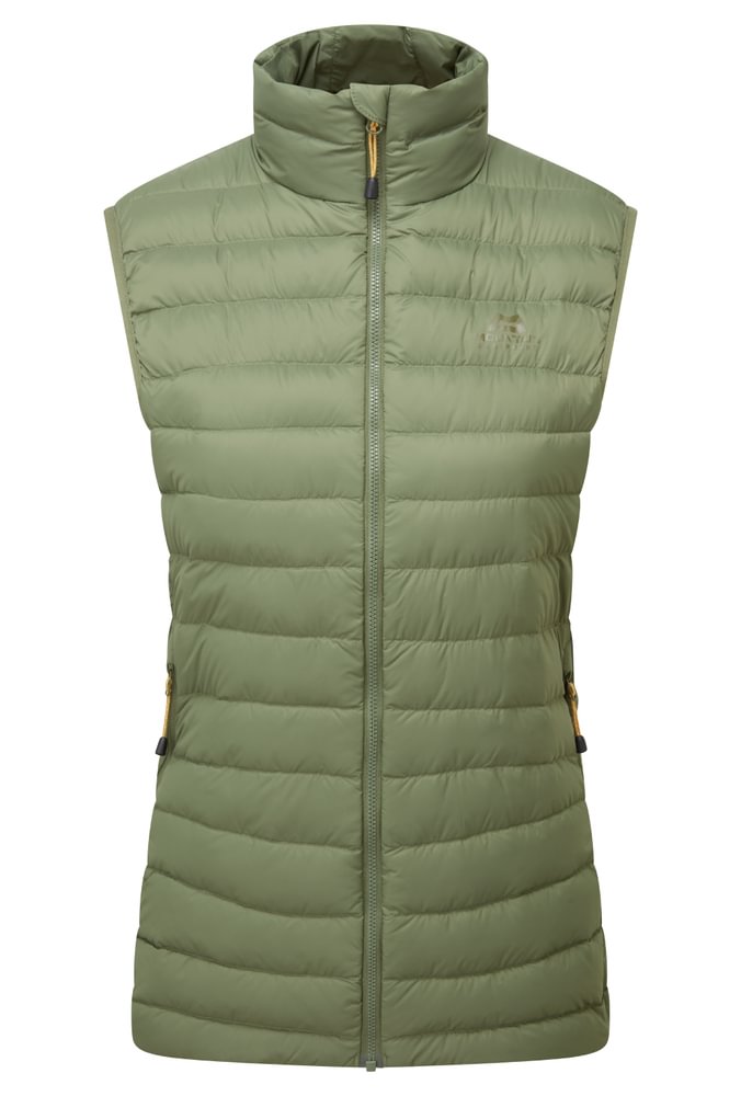Mountain Equipment Earthrise Women's Vest in Four Leaf Clover - front view showing 100% recycled down insulation and stitch-through baffle construction