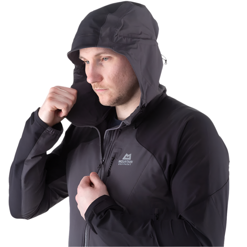 Mountain Equipment Frontier Men's Jacket in Anvil Grey/Black - hood up showing Mountain Helmet Compatible Hood fully adjusted