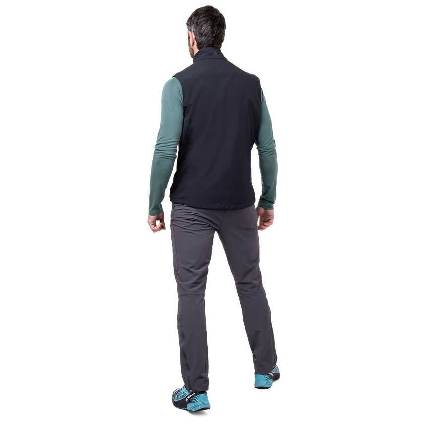 Mountain Equipment Frontier Men's Vest in Black - side view showing alpine fit and dual tether hem drawcords
