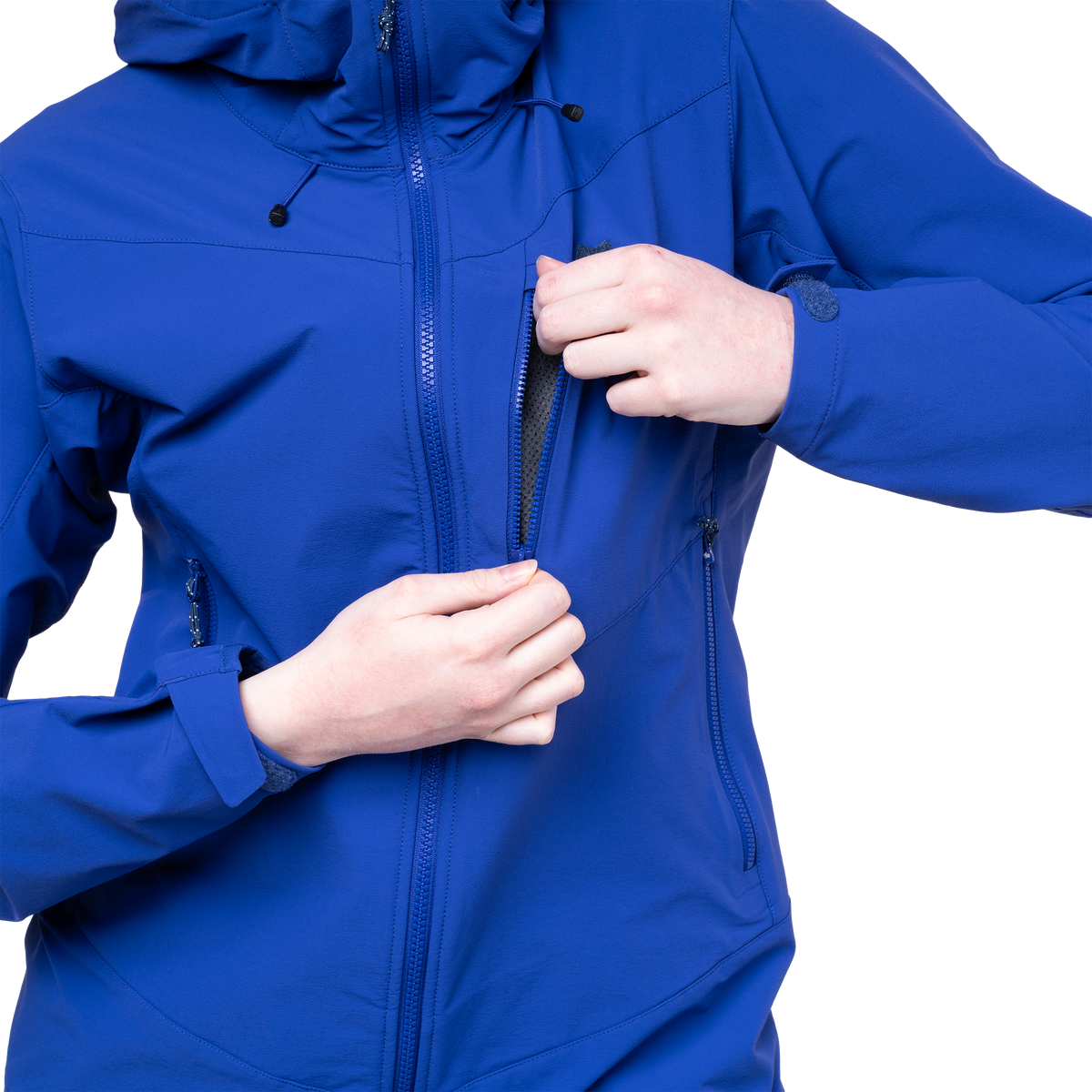 YKK moulded centre front zip detail on Mountain Equipment Frontier Women's Jacket in Clematis