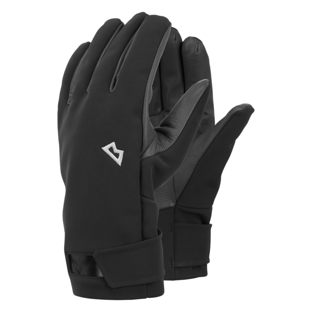 Mountain Equipment G2 Alpine Men's Glove in Black/Shadow - showing EXOLITE XP softshell fabric and goatskin leather palm