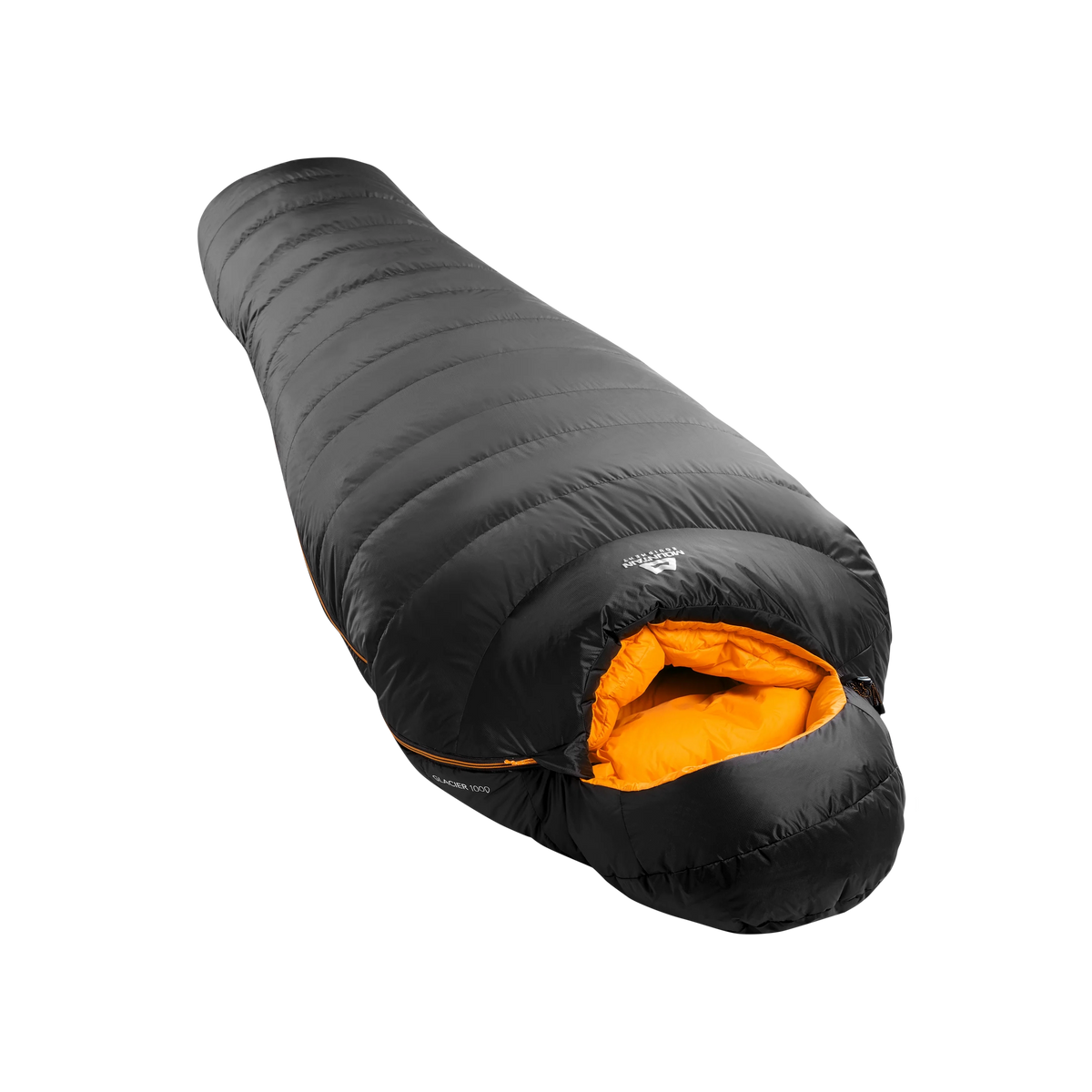 Mountain Equipment Glacier 1000 Sleeping Bag in Obsidian - full length view showing 1,000 g of 700+ fill power duck down and Alpine fit construction