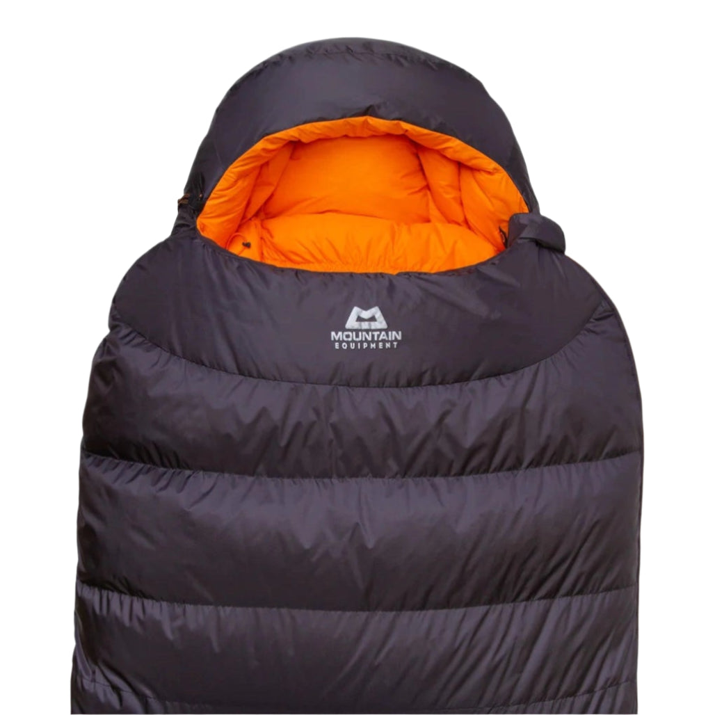 5-baffle hood with Lode Lock magnetic closure and collar drawcords detail on Mountain Equipment Glacier 1000 Sleeping Bag in Obsidian