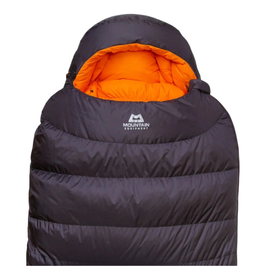 5-baffle hood with Lode Lock magnetic closure and collar drawcords detail on Mountain Equipment Glacier 1000 Sleeping Bag in Obsidian