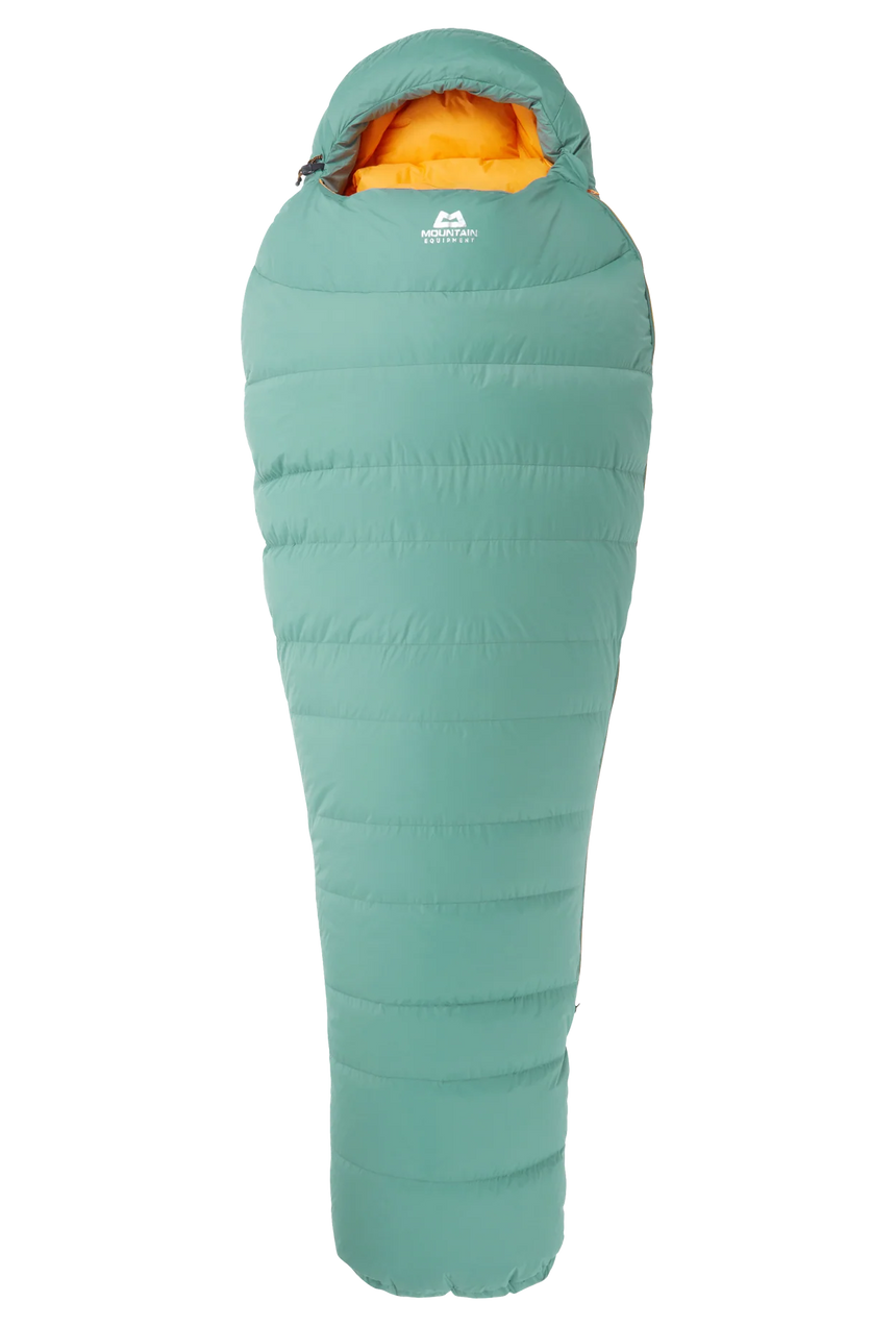 Mountain Equipment Glacier 450 Women's Sleeping Bag in Sage - lifestyle view showing all-round down sleeping bag for mountaineering and lower altitude trekking