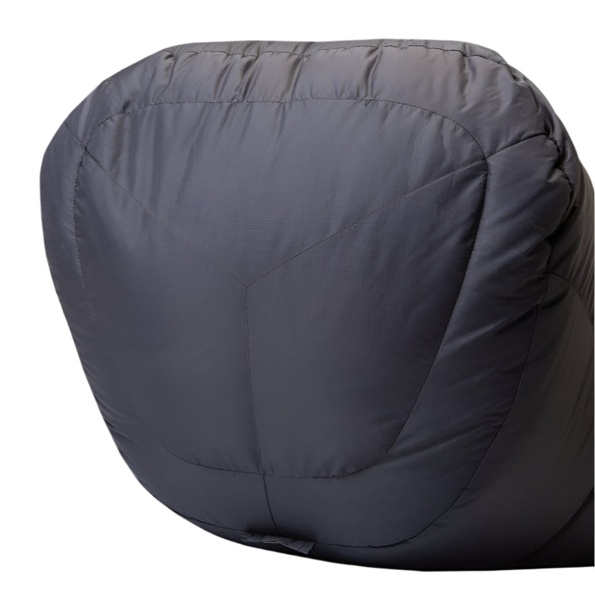 5-baffle hood with Lode Lock magnetic closure and collar drawcords detail on Mountain Equipment Glacier Expedition Sleeping Bag in Obsidian