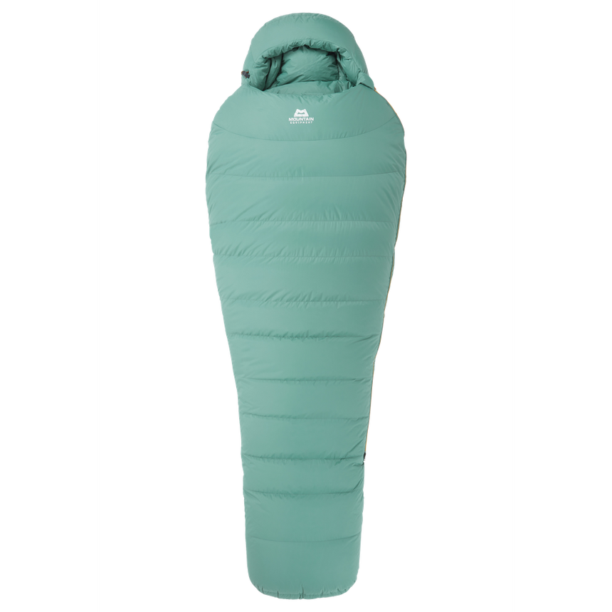 Mountain Equipment Glacier Expedition Women's Sleeping Bag in Sage - product preview showing 1,478 g of 700+ fill power duck down and Women's Expedition fit construction