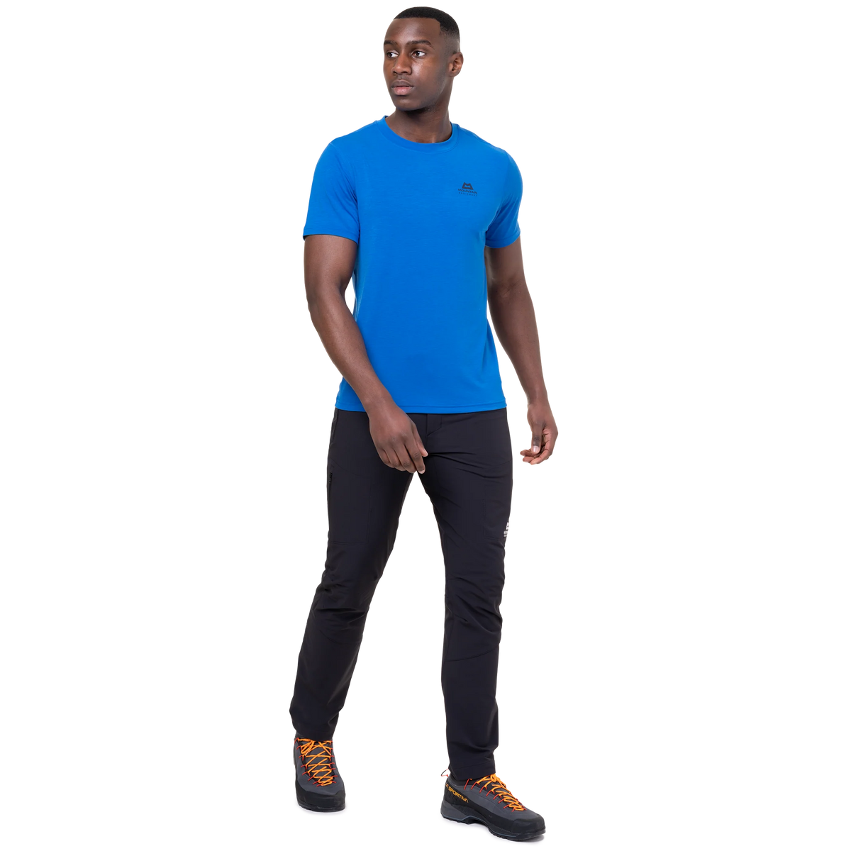Mountain Equipment Groundup Men's Tee in Atlantic Blue - detail view showing crew neck and 175 g/m2 drirelease TENCEL fabric
