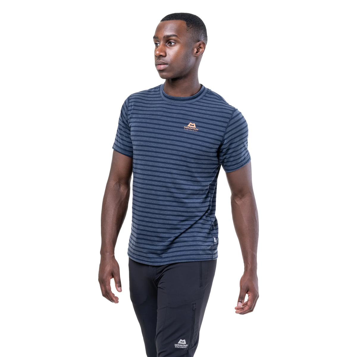 Mountain Equipment Groundup Men's Tee in Cosmos Stripe - detail view showing crew neck and 175 g/m2 drirelease TENCEL fabric