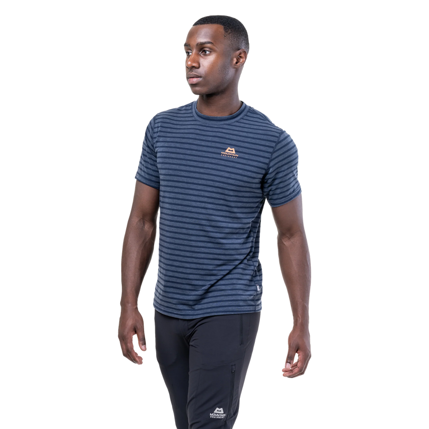 Mountain Equipment Groundup Men's Tee in Cosmos Stripe - detail view showing crew neck and 175 g/m2 drirelease TENCEL fabric
