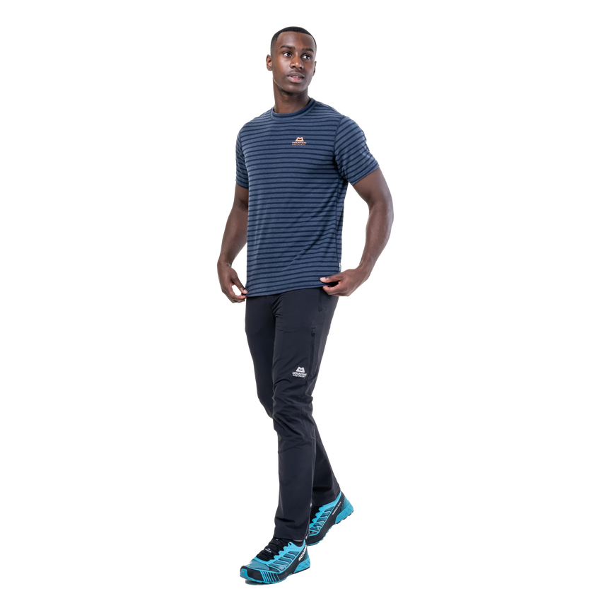Mountain Equipment Groundup Men's Tee in Cosmos Stripe - lifestyle view showing lightweight technical tee for rock climbing on hot days