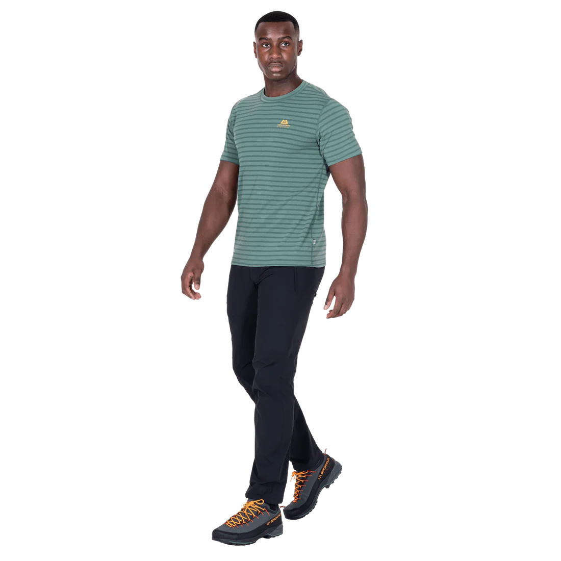 Mountain Equipment Groundup Men's Tee in Fern Stripe - detail view showing Polygiene StayFresh anti-microbial treatment and fabric stretch