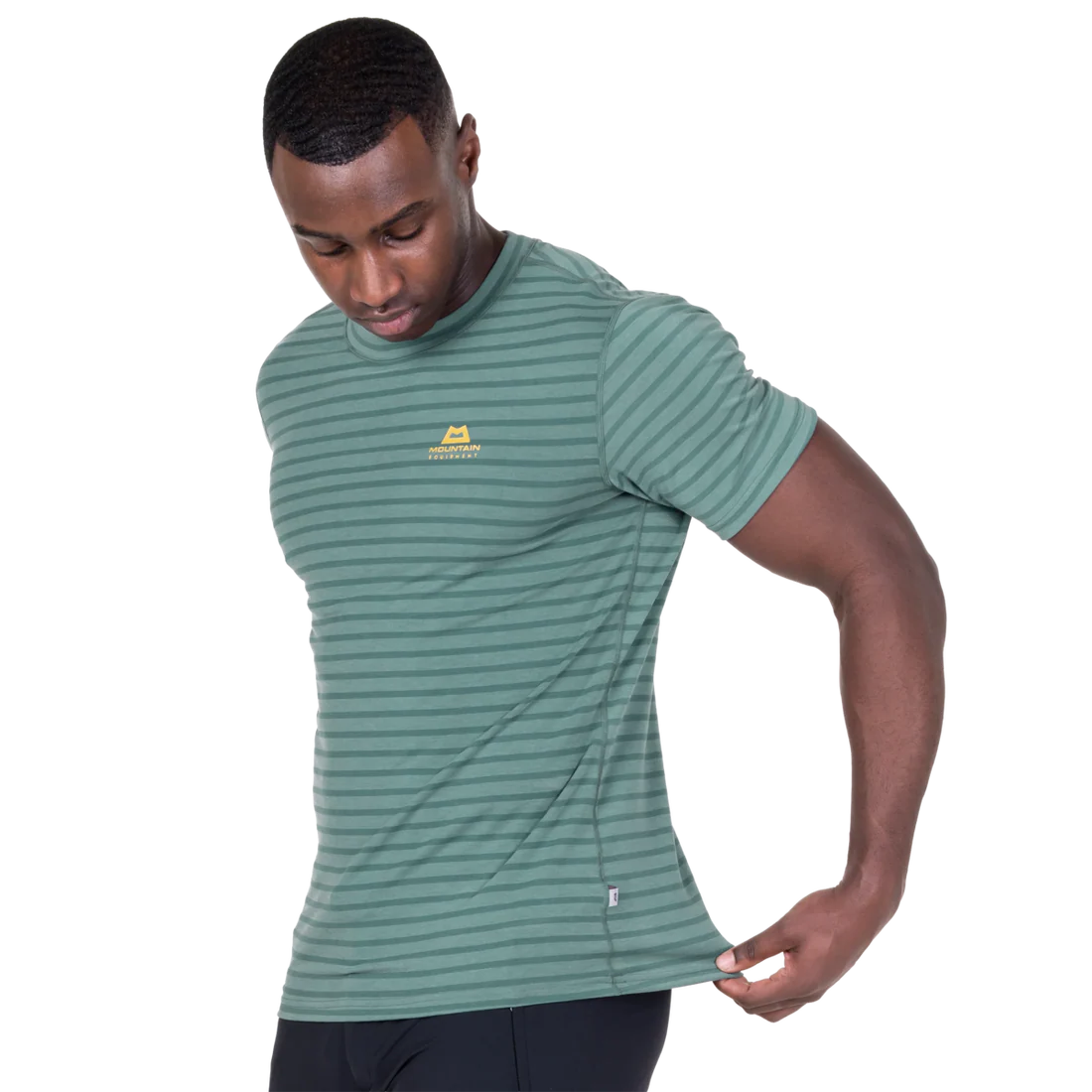 Mountain Equipment Groundup Men's Tee in Fern Stripe - front view showing slim fit crew neck and drirelease TENCEL fabric