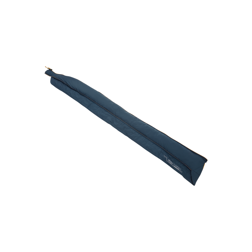 Mountain Equipment Helium Expansion Baffle in Majolica Blue attached to Helium sleeping bag showing 13 cm width expansion