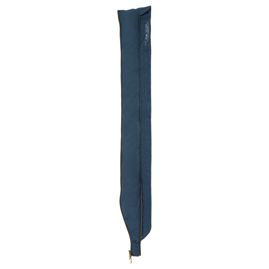 Mountain Equipment Helium Expansion Baffle in Majolica Blue - front view showing recycled Helium 20D outer and YKK zip attachment