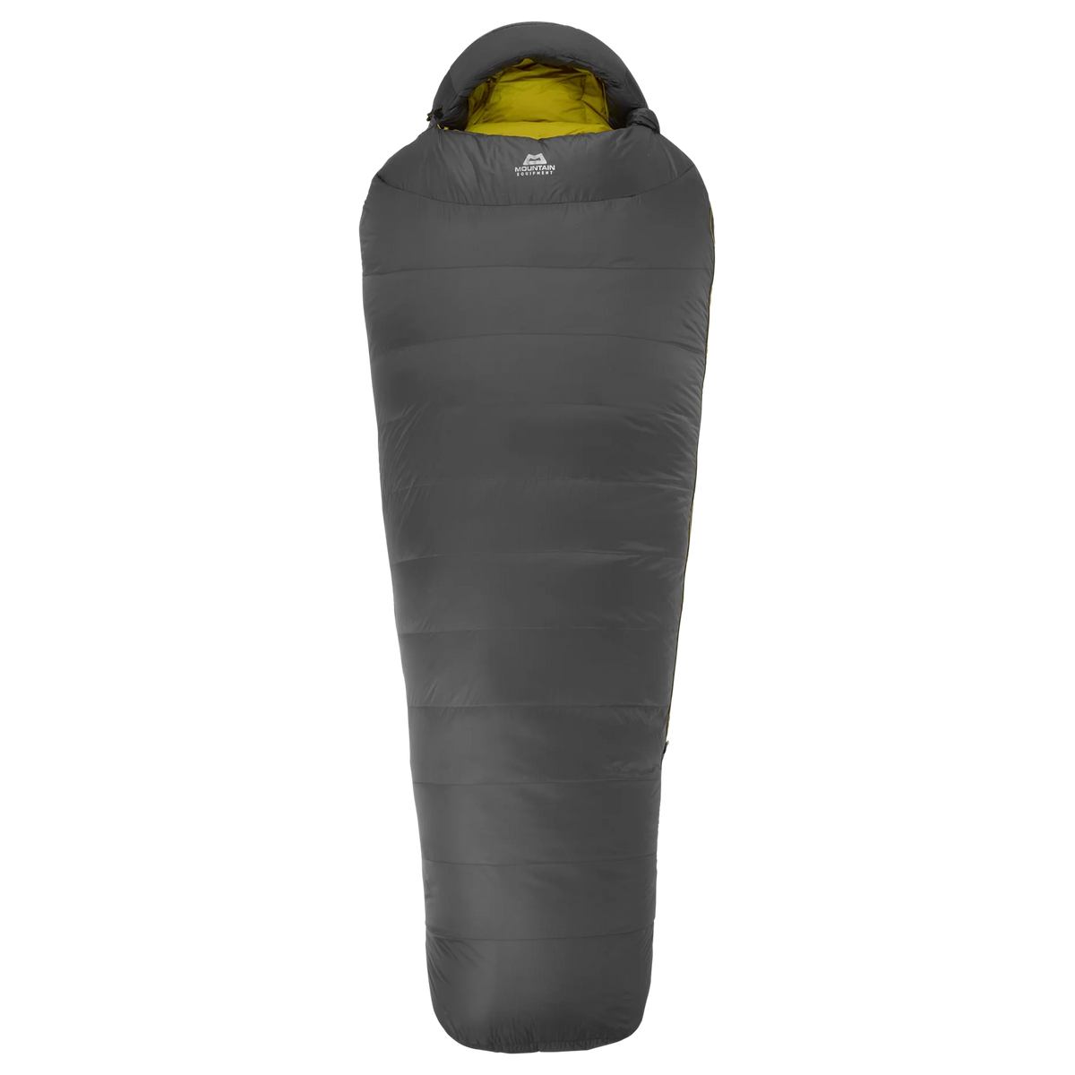 Hood detail on Mountain Equipment Helium GT 800 Sleeping Bag in Anvil Grey showing five-baffle anatomically shaped construction
