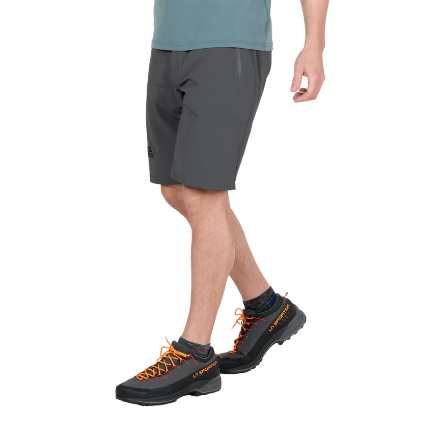 Mountain Equipment Ibex Mountain Men's Short in Anvil Grey - left side view showing thigh pocket