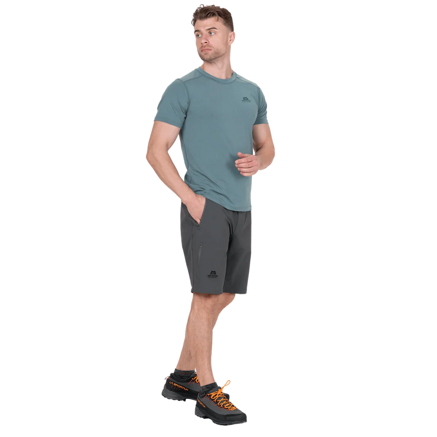 Zipped thigh pocket with mesh lining detail on Mountain Equipment Ibex Mountain Men's Short in Anvil Grey