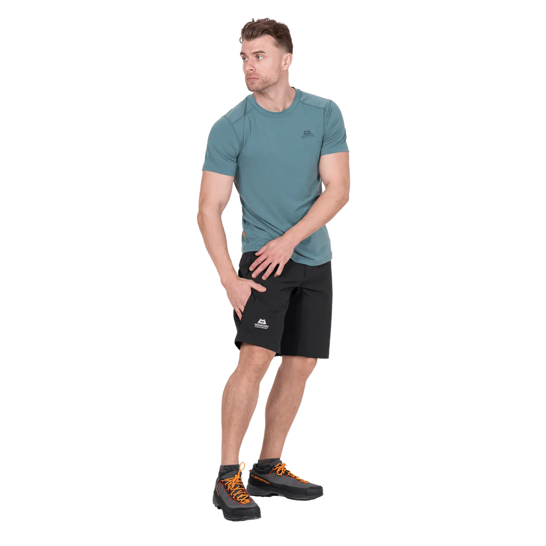 Zipped hand pocket detail on Mountain Equipment Ibex Mountain Men's Short in Black