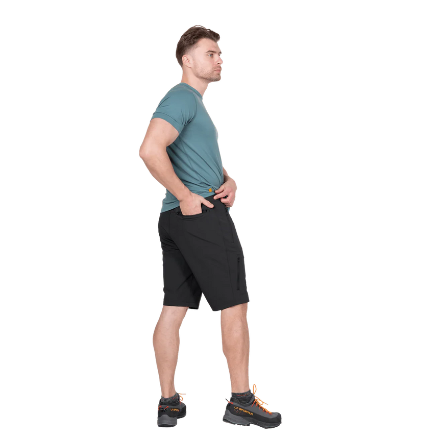 Mountain Equipment Ibex Mountain Men's Short in Black - right side view showing Alpine Fit