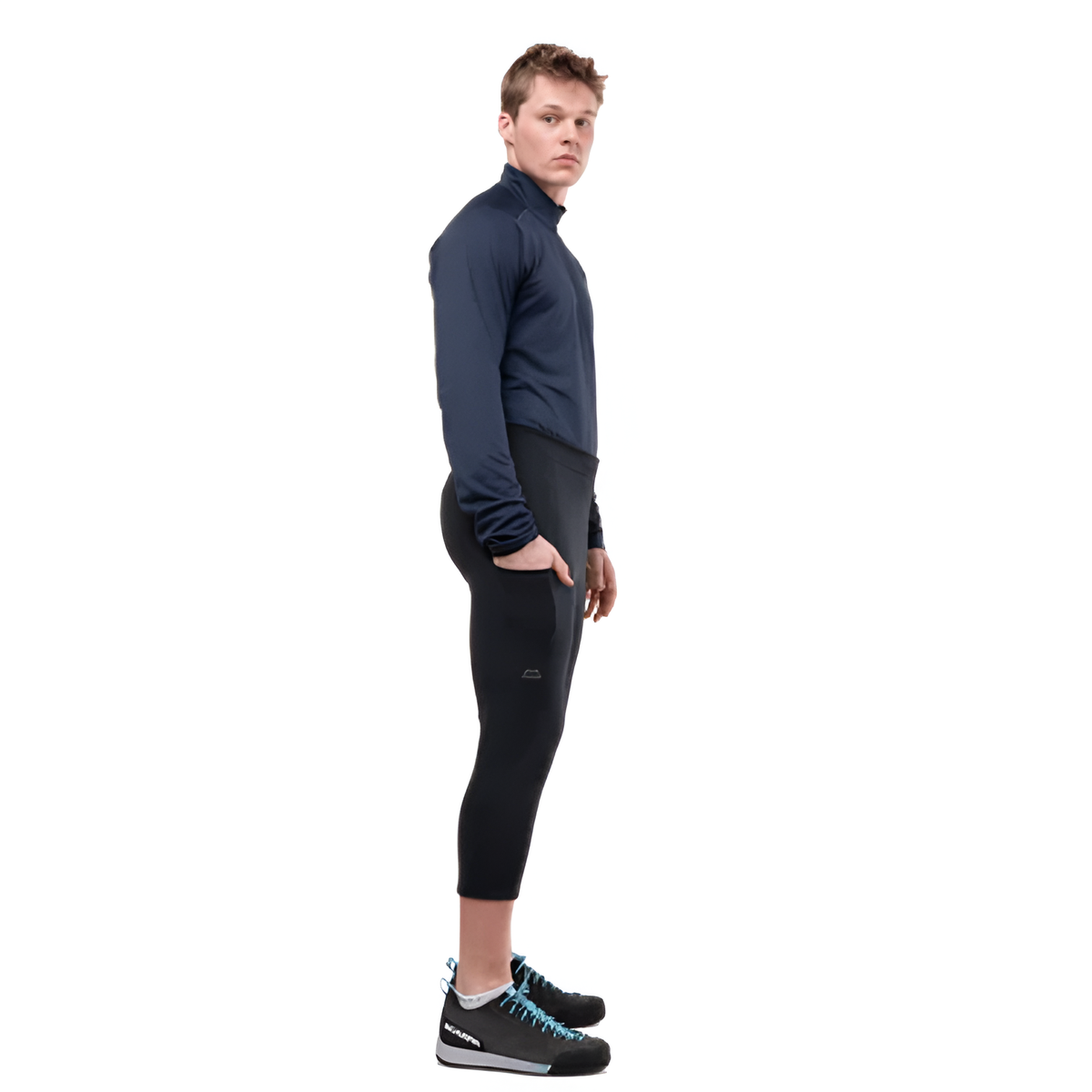Elastane-bound drop pocket detail on thigh of Mountain Equipment Jorasses Lite Men's 3/4 Tight in Black