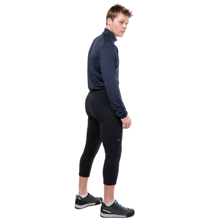 Wide stretch waistband with drawcord adjustment detail on Mountain Equipment Jorasses Lite Men's 3/4 Tight in Black