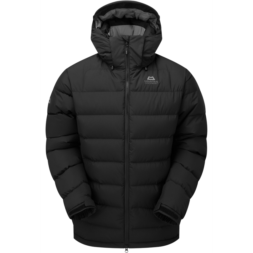 Mountain Equipment Lightline Eco Men's Jacket in Black - front view showing Drilite Loft 50D outer and zip-off Mountain Insulated Hood