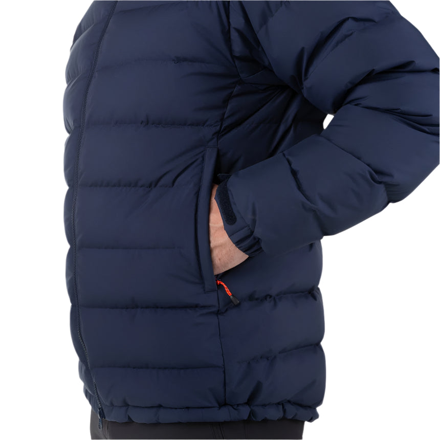 Zip-off Mountain Insulated Hood detail on Mountain Equipment Lightline Eco Men's Jacket in Cosmos