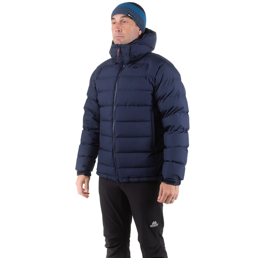 2-way YKK moulded centre front zip with insulated rear baffle detail on Mountain Equipment Lightline Eco Men's Jacket in Cosmos