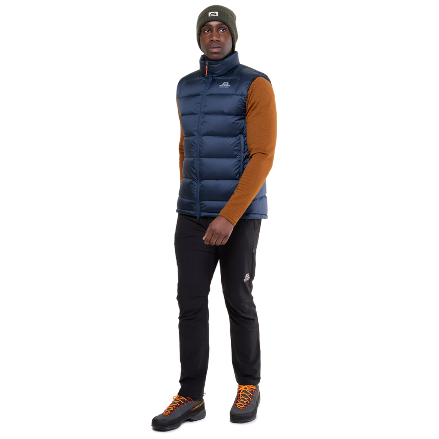 Mountain Equipment Lightline Men's Vest in Navy - back view showing stitch-through baffle construction and dual tether hem drawcords