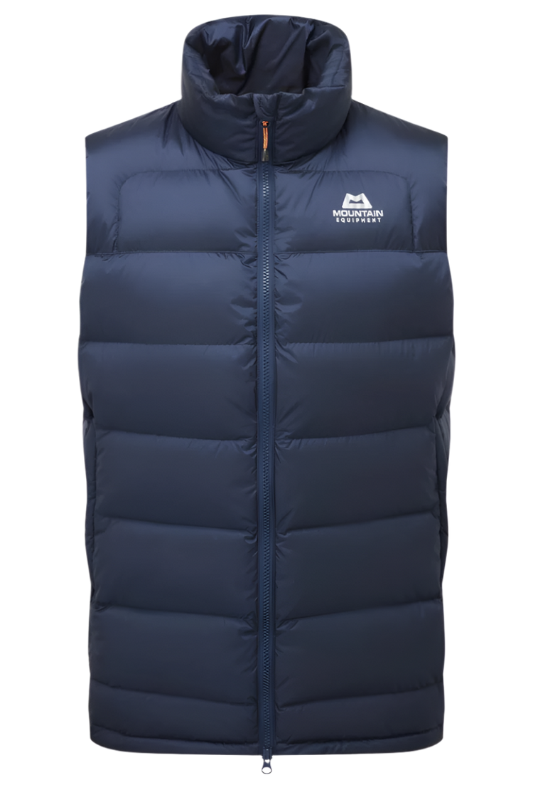 Mountain Equipment Lightline Men's Vest in Navy - front view showing Drilite Loft outer and 2-way YKK moulded centre front zip
