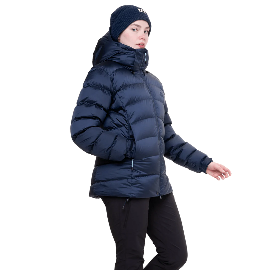 Mountain Equipment Lightline Women's Jacket in Cosmos packed into stuff sack showing lightweight packable construction