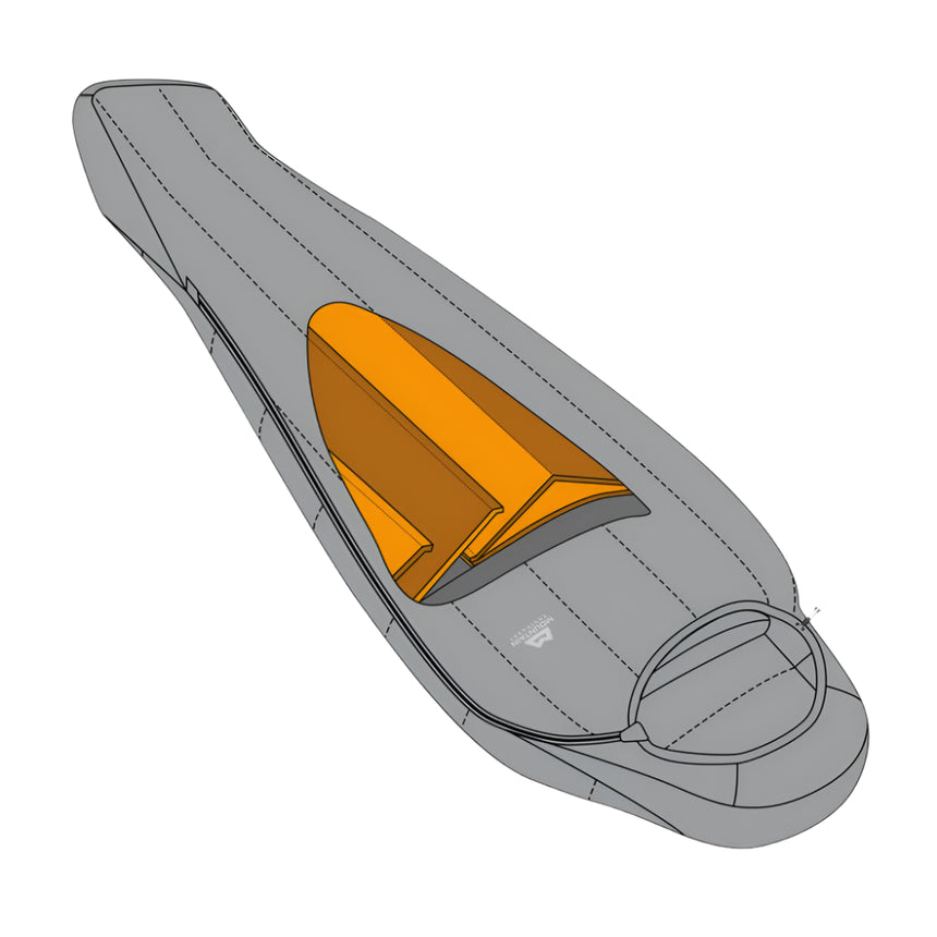 Anatomically shaped hood with integrated collar and Lode Lock closure detail on Mountain Equipment Nova II Women's Sleeping Bag in Ink/Pumpkin Spice