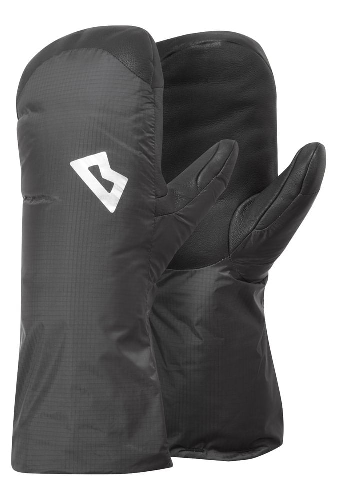 Mountain Equipment Redline Mitt in Obsidian/Black - paired showing DRILITE LOFT 30D outer and goatskin leather palm