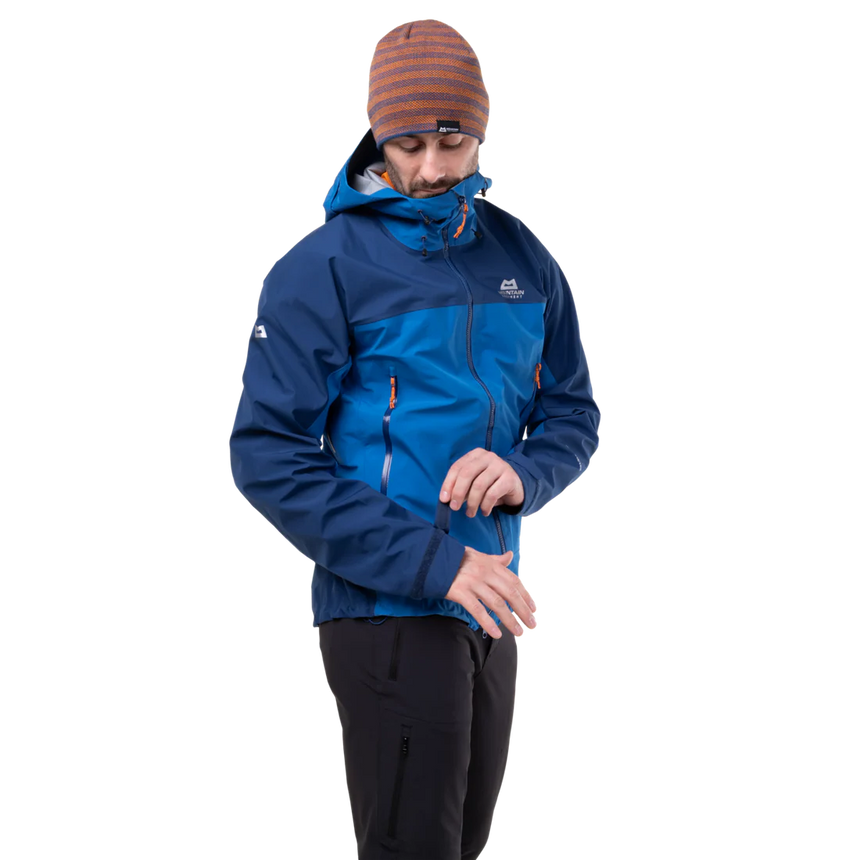 Adjustable laminated cuff detail on Mountain Equipment Saltoro GORE-TEX Men's Jacket in Atlantic/Admiral
