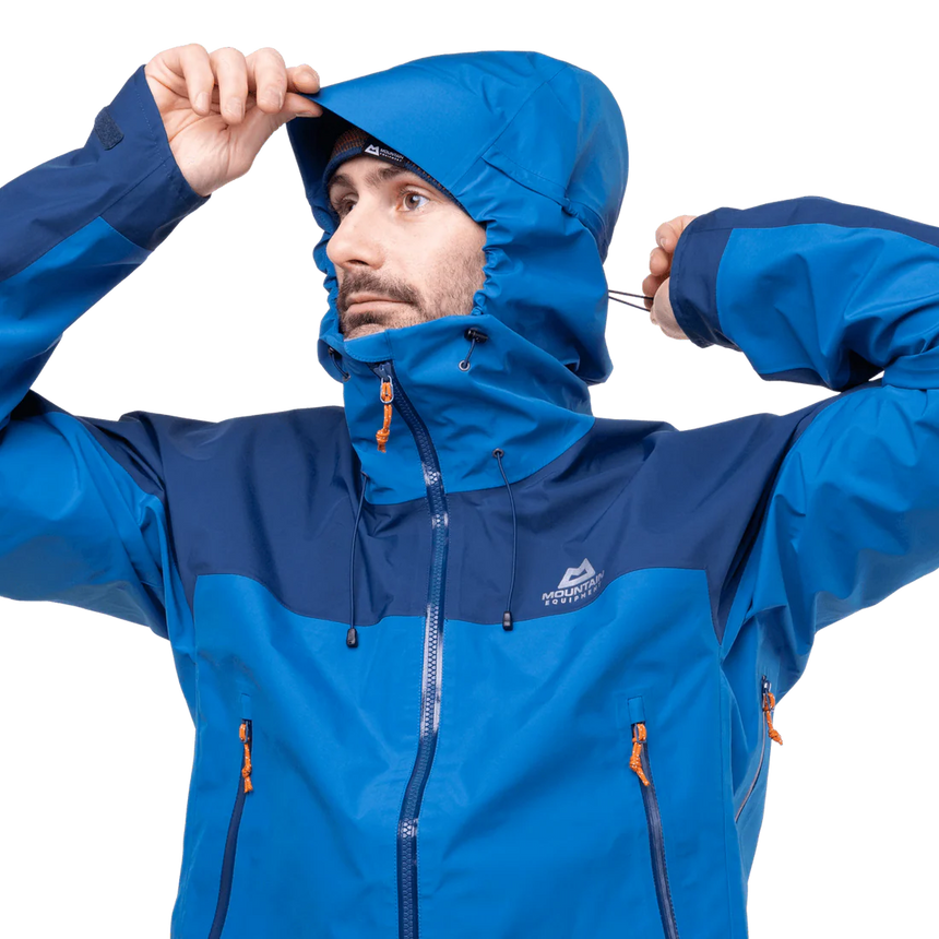 Fully adjustable helmet-compatible Mountain Hood detail on Mountain Equipment Saltoro GORE-TEX Men's Jacket in Atlantic/Admiral