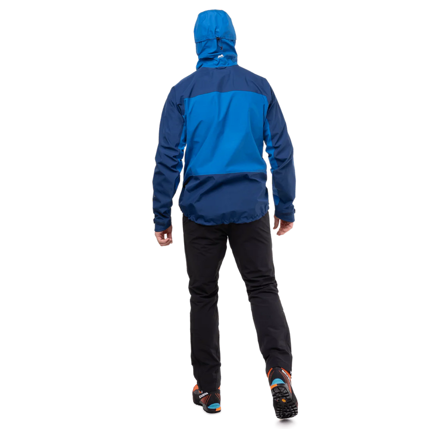 Mountain Equipment Saltoro GORE-TEX Men's Jacket in Atlantic/Admiral packed down showing lightweight packable construction
