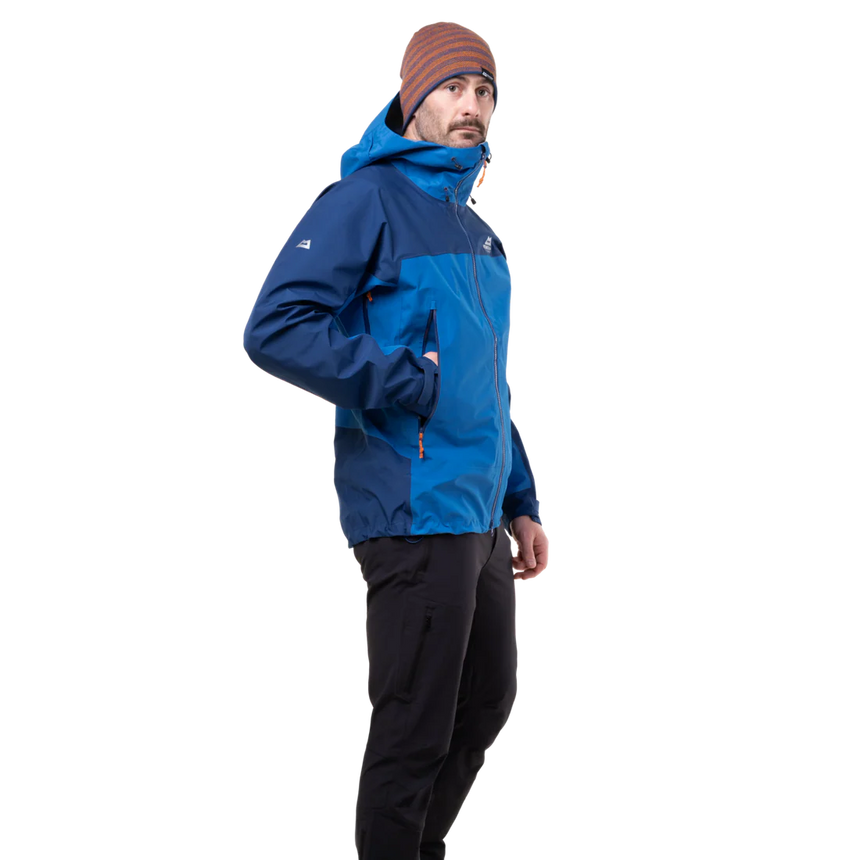 Mountain Equipment Saltoro GORE-TEX Men's Jacket in Atlantic/Admiral - side view showing YKK WR underarm venting zips and adjustable laminated cuffs