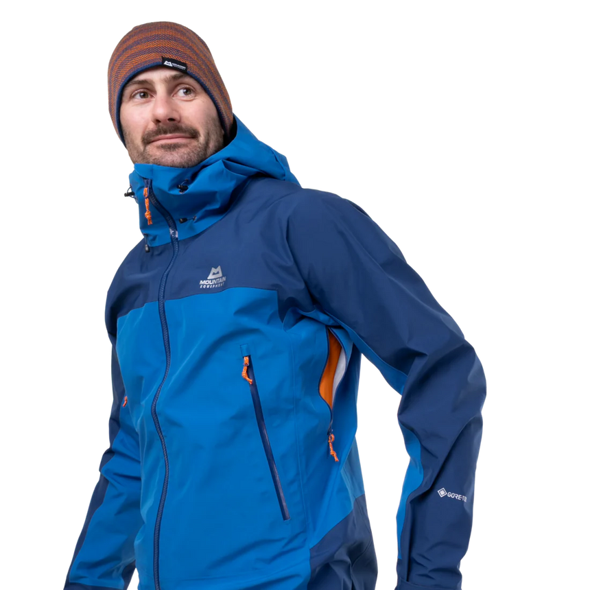 Full-length 2-way YKK moulded Aquaguard centre front zip detail on Mountain Equipment Saltoro GORE-TEX Men's Jacket in Atlantic/Admiral