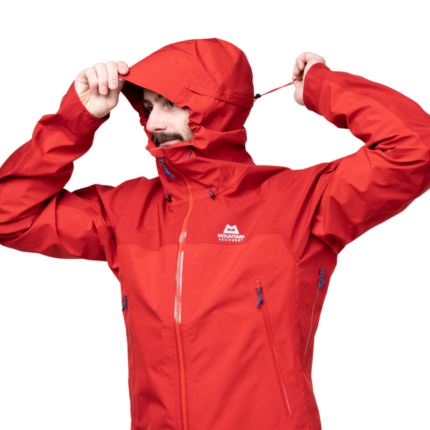 Mountain Equipment Saltoro GORE-TEX Men's Jacket in Imperial Red/Crimson - side view showing YKK WR underarm venting zips and adjustable laminated cuffs