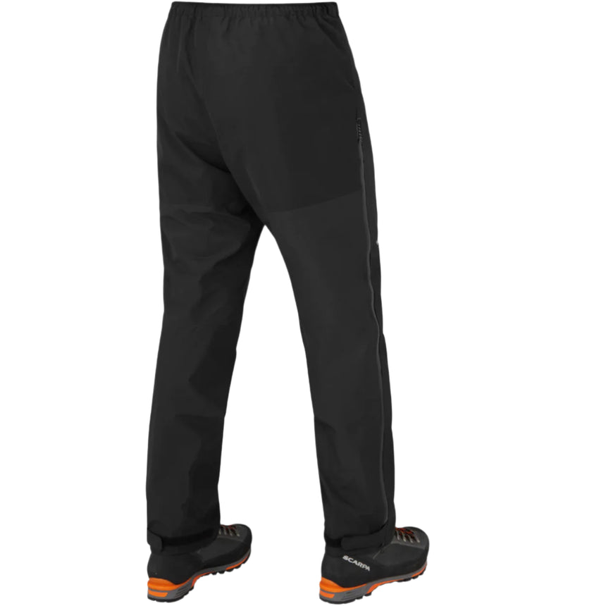Mountain Equipment Saltoro GORE-TEX Men's Pant in Black - detail view showing 2-way YKK WR side zip and adjustable hem