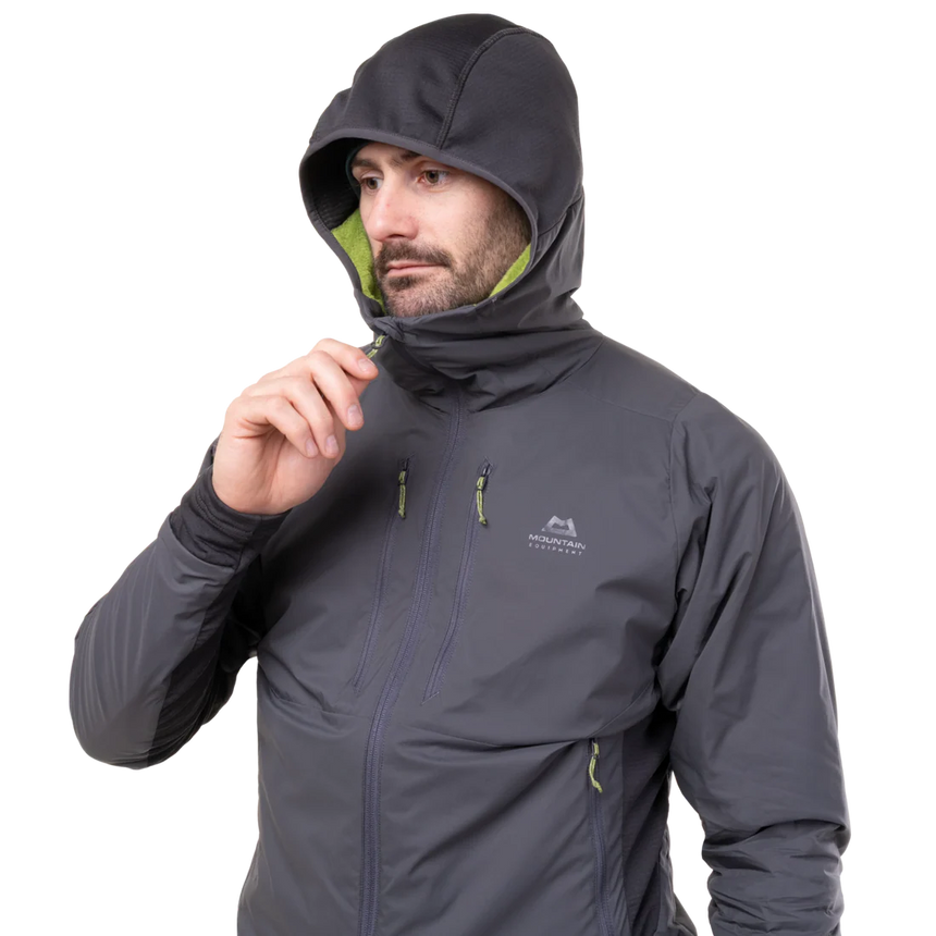 Mountain Equipment Switch Pro Hooded Men's Jacket in Anvil Grey - detail view showing YKK centre front zip and zipped chest pocket
