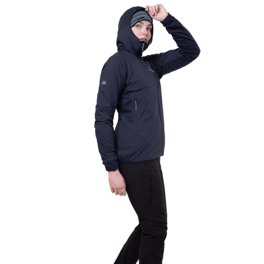 Mountain Equipment Switch Pro Hooded Women's Jacket in Cosmos - detail view showing zipped hand pocket with twin carabiner carry loops